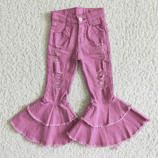 C13-11 Purple Girls Double Ruffles Denim Jeans