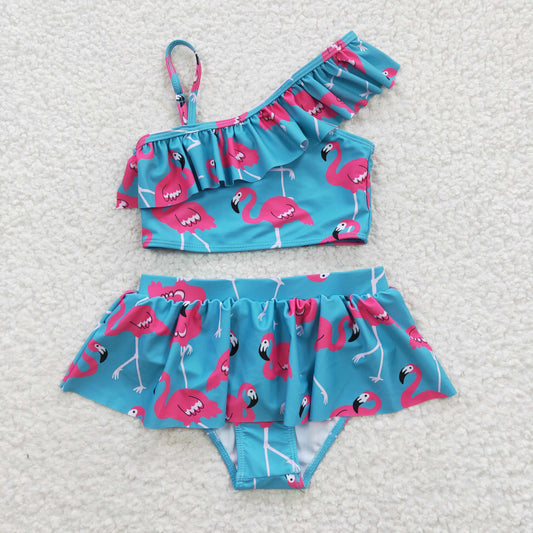 S0087 Blue Pink Flamingo Girls Swimming Bathing Suits Swimsuits