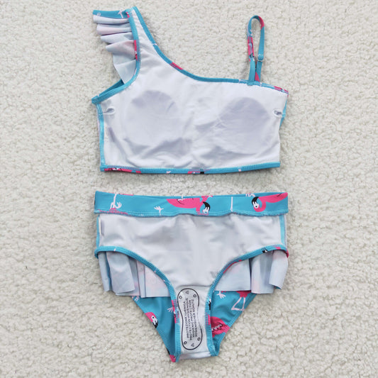 S0087 Blue Pink Flamingo Girls Swimming Bathing Suits Swimsuits