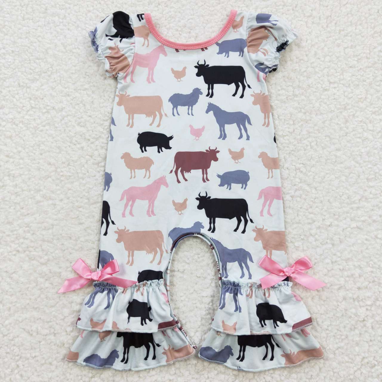 SR0328 Pink Cow Blue Girls Short Sleeve Romper