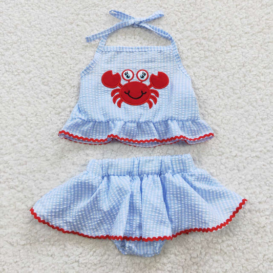 S0081 Red Blue Craw Embroidery Girls Swimming Bathing Suits Swimsuits