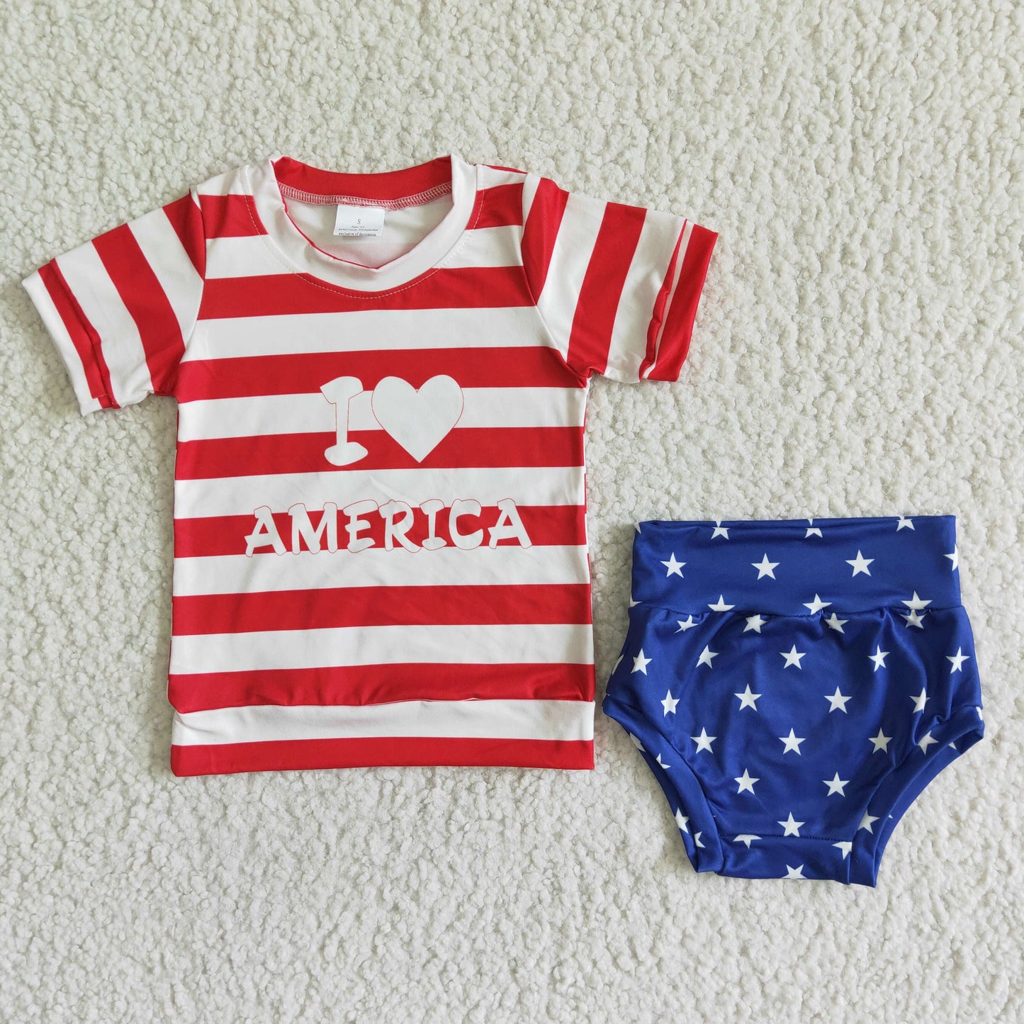 GBO0018 4th Of July I Love Red Stripes Blue Starts With Bow 3pcs Girls Short Sleeve Bummies Outfits