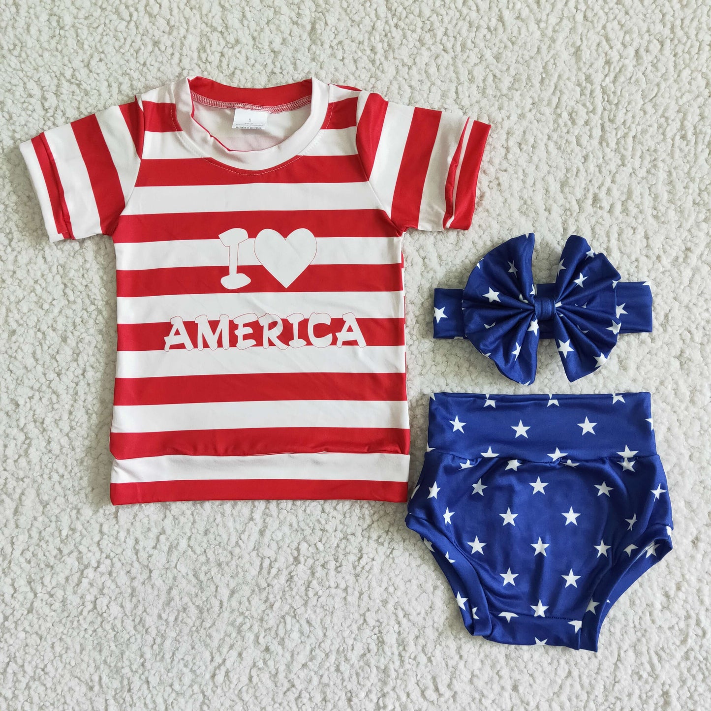 GBO0018 4th Of July I Love Red Stripes Blue Starts With Bow 3pcs Girls Short Sleeve Bummies Outfits