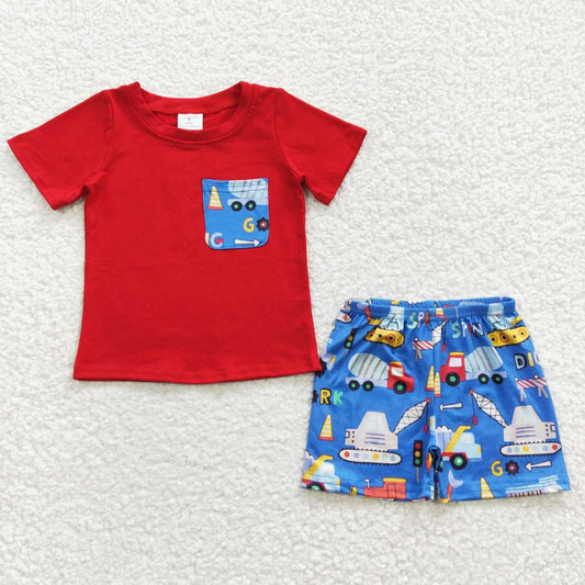 BSSO0233  Red Blue Truck Built Pocket Boys Short Sleeve Shorts Outfits