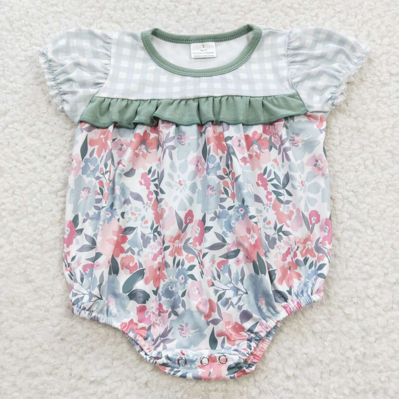 SR0345 Green Pink Floral Girls Short Sleeve Romper