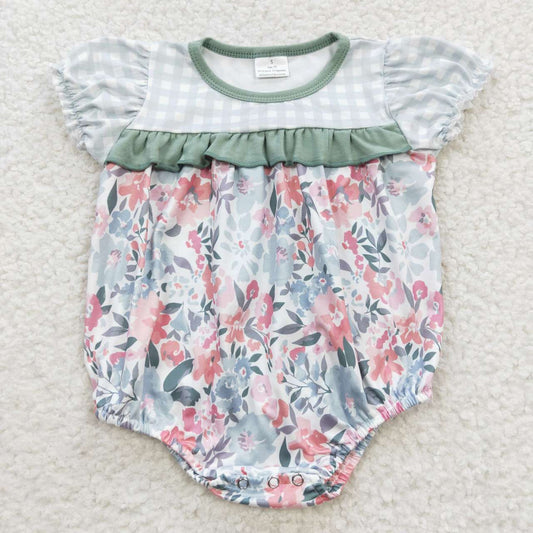 SR0345 Green Pink Floral Girls Short Sleeve Romper