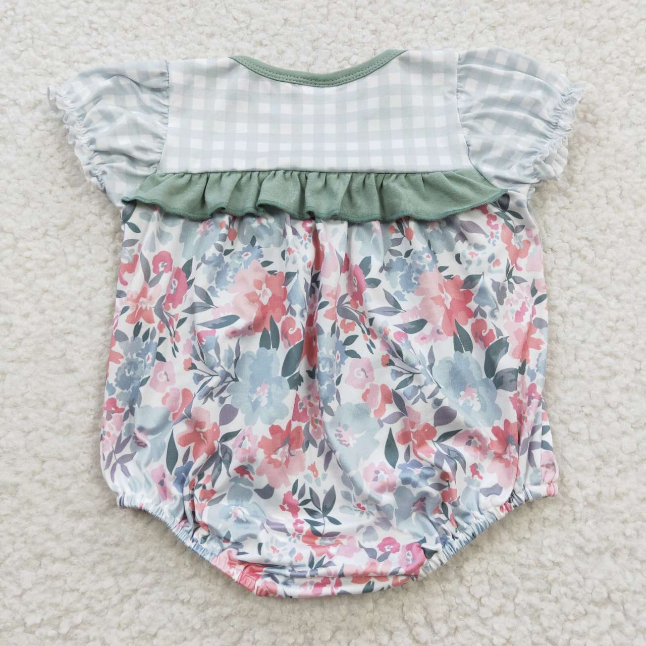 SR0345 Green Pink Floral Girls Short Sleeve Romper