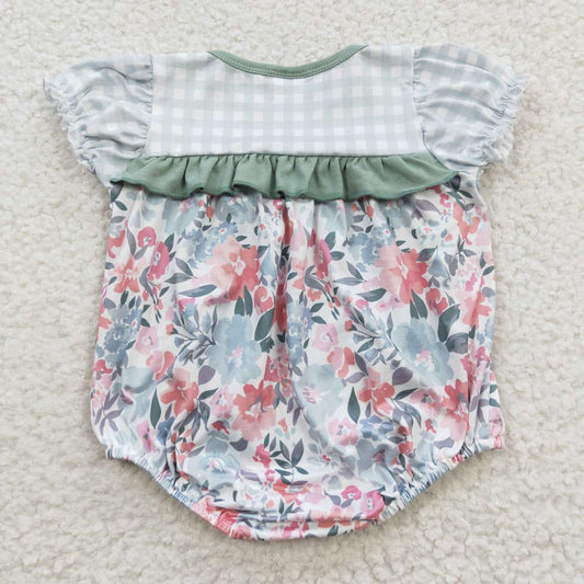 SR0345 Green Pink Floral Girls Short Sleeve Romper