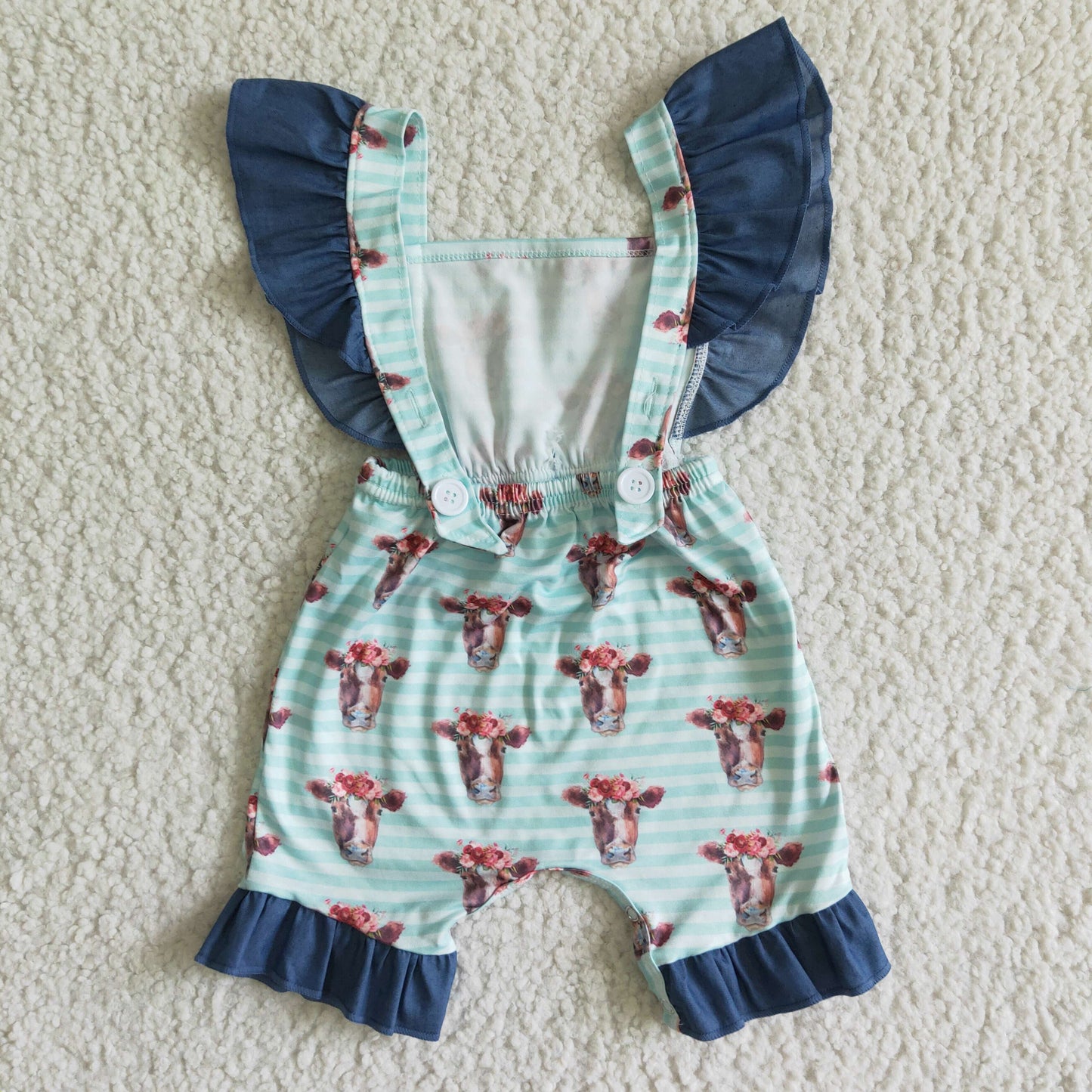 SR0004 Blue Cows Girls Flutter Sleeve Romper