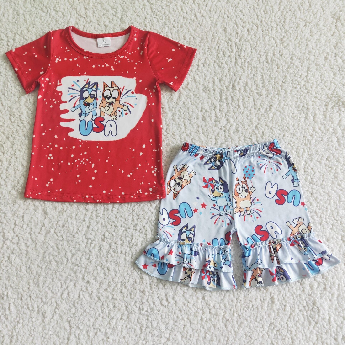 GSSO0053 4th Of July Red Blue Dog Cartoon Girls Short Sleeve Shorts Outfits