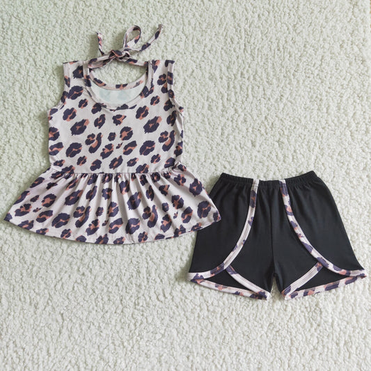 GSSO0052 Purple Leopard Black Girls Sleeveless Shorts Outfits