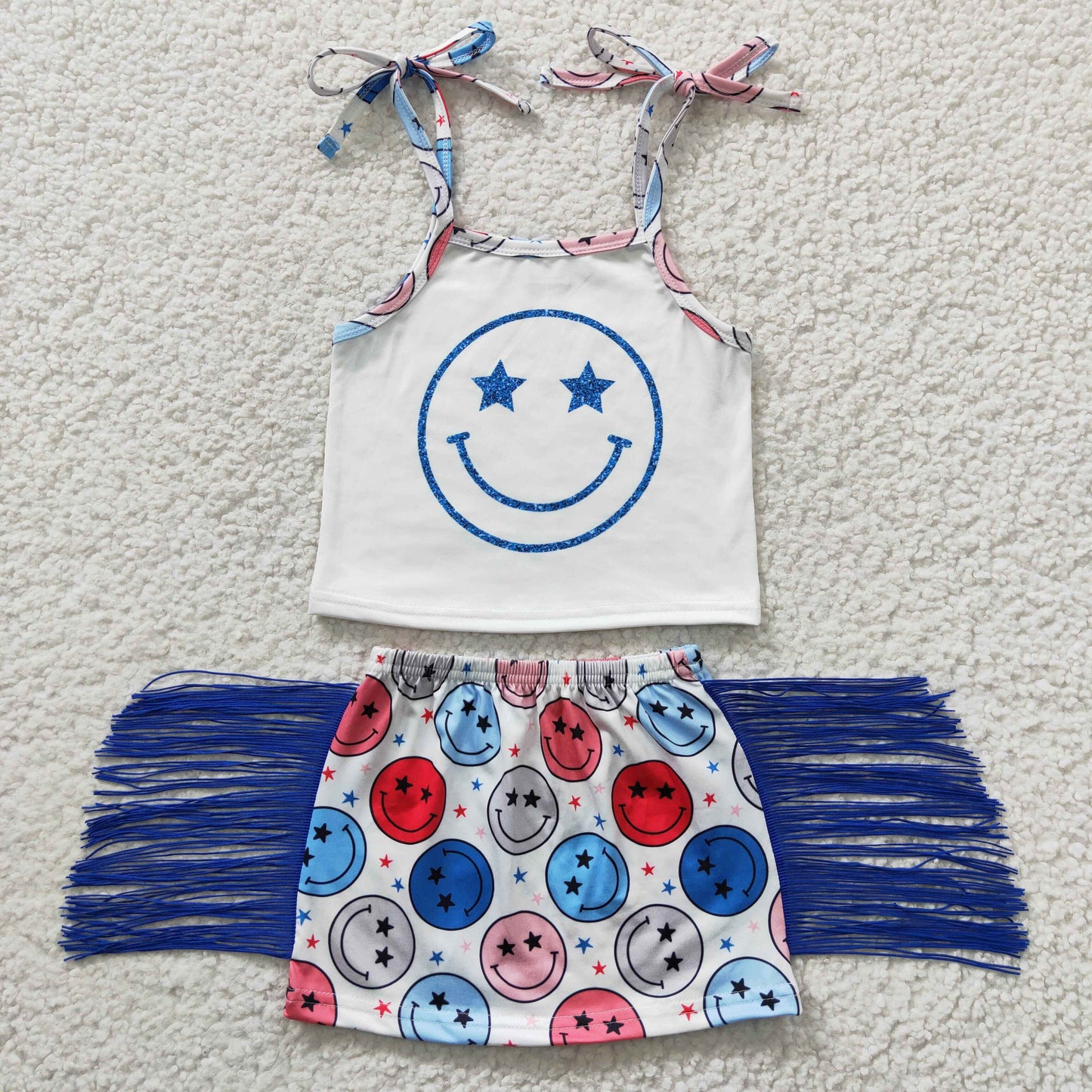 GSD0325 4th Of July Red Blue Smile Girls Short Sleeve With Skirt Dresses Outfits