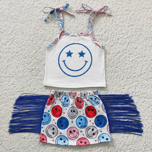 GSD0325 4th Of July Red Blue Smile Girls Short Sleeve With Skirt Dresses Outfits