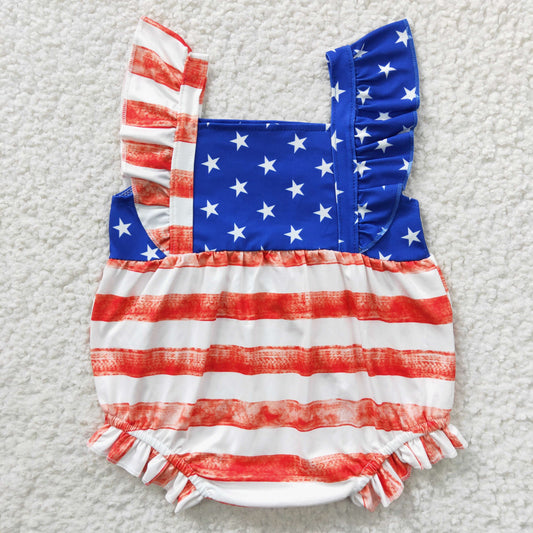 SR0326 4th Of July Blue Red Girls Short Sleeve Romper