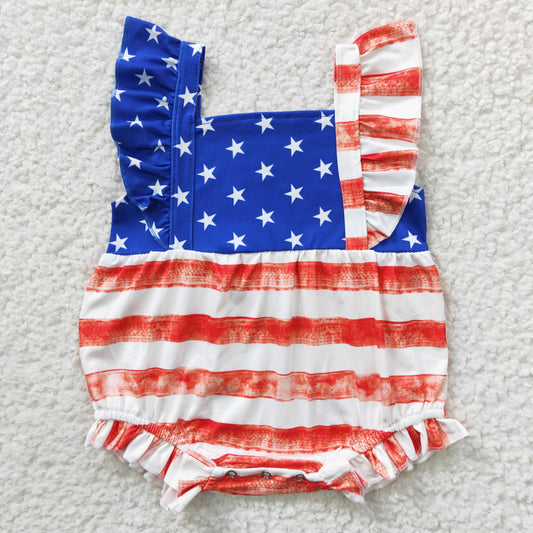 SR0326 4th Of July Blue Red Girls Short Sleeve Romper