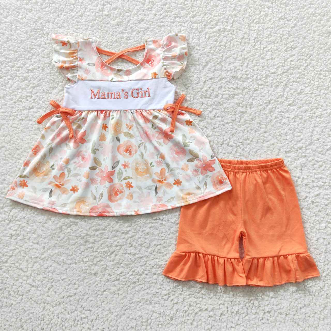 GSSO0235 Orange Pink Mama' Girl Plaid Girls Short Sleeve Shorts Outfits