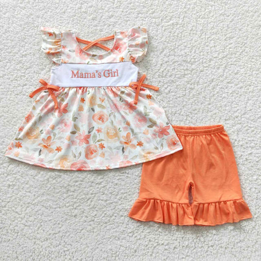 GSSO0235 Orange Pink Mama' Girl Plaid Girls Short Sleeve Shorts Outfits