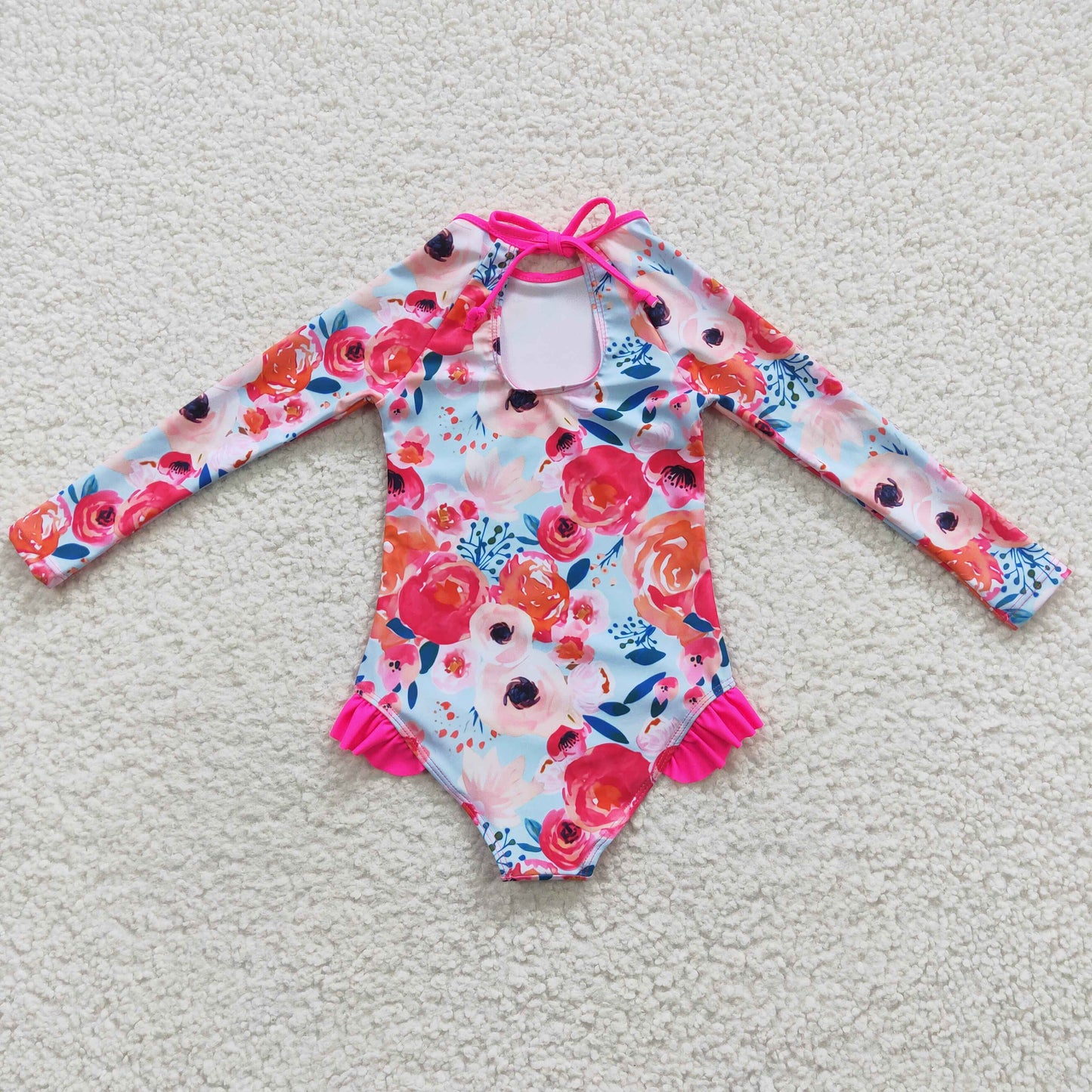 S0083  Pink Floral Girls Swimming Bathing Suits Swimsuits