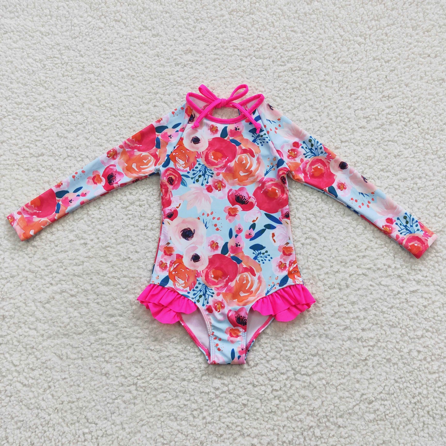 S0083  Pink Floral Girls Swimming Bathing Suits Swimsuits