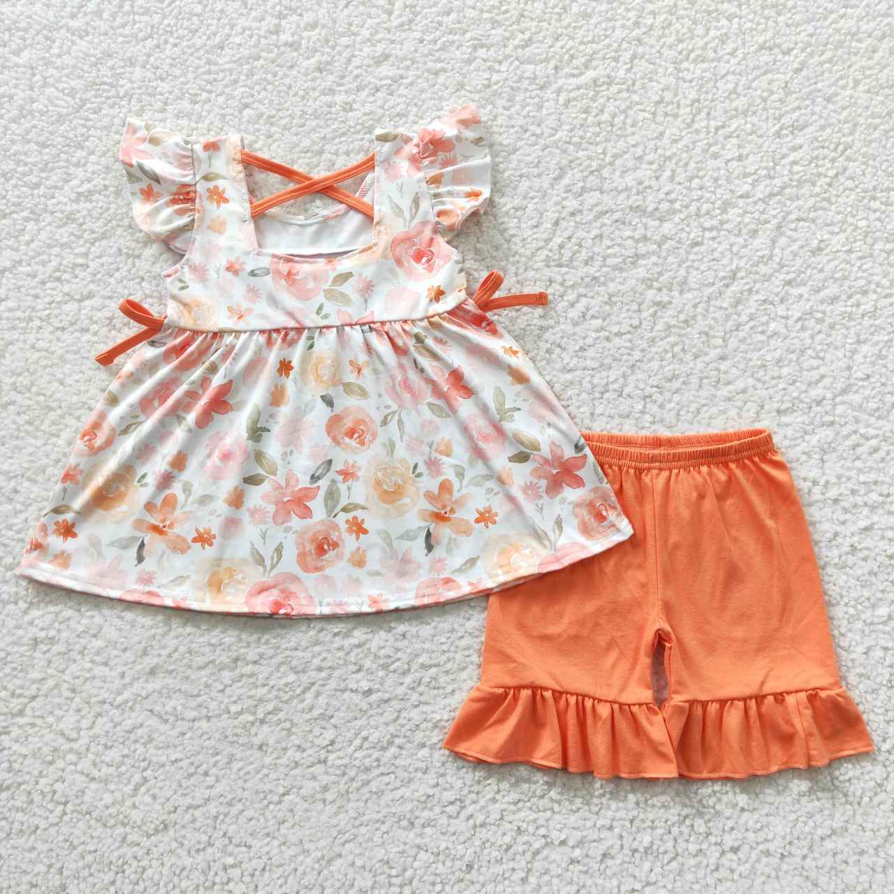 GSSO0235 Orange Pink Mama' Girl Plaid Girls Short Sleeve Shorts Outfits