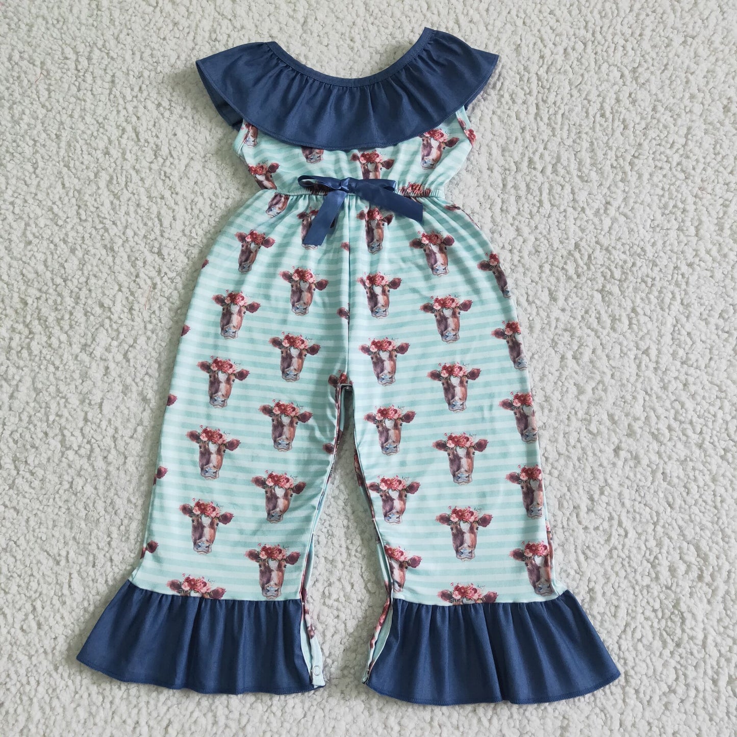 SR0006 Blue Cows Girls Sleeveless Jumpsuits