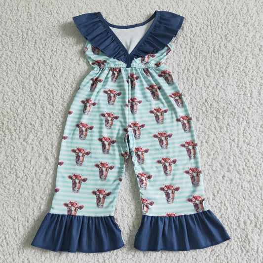 SR0006 Blue Cows Girls Sleeveless Jumpsuits