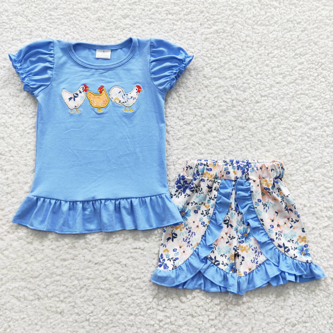 GSSO0211 Blue Chicken Floral Embroidery Girls Short Sleeve Shorts Outfits