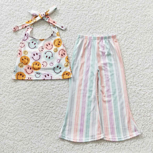 GSPO0580 Emoji Smile Orange Stripes Girls Short Sleeve Bell Bottom Pants Outfits