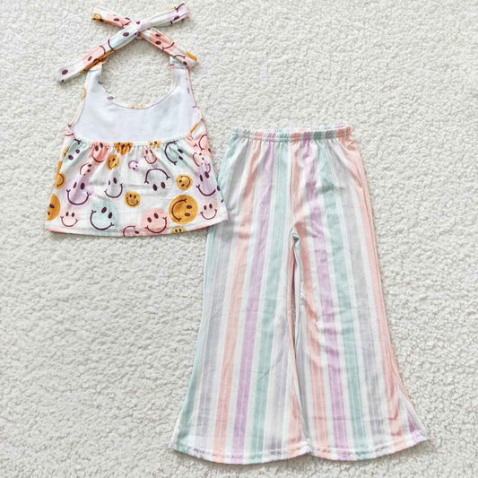 GSPO0580 Emoji Smile Orange Stripes Girls Short Sleeve Bell Bottom Pants Outfits