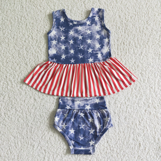 A12-12 4th Of July Blue Starts Red Stripes Girls Short Sleeve Bummies Outfits