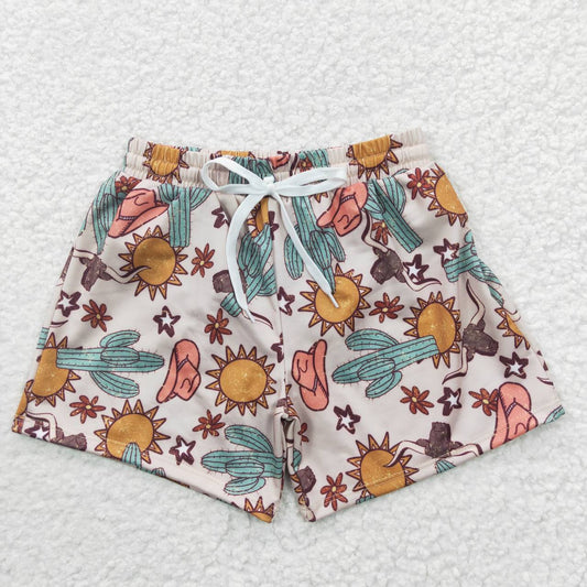 S0030 Brown Cactus Western Highland Cows Hat Boys Bathing Suits Swimsuits Swimming Trunks