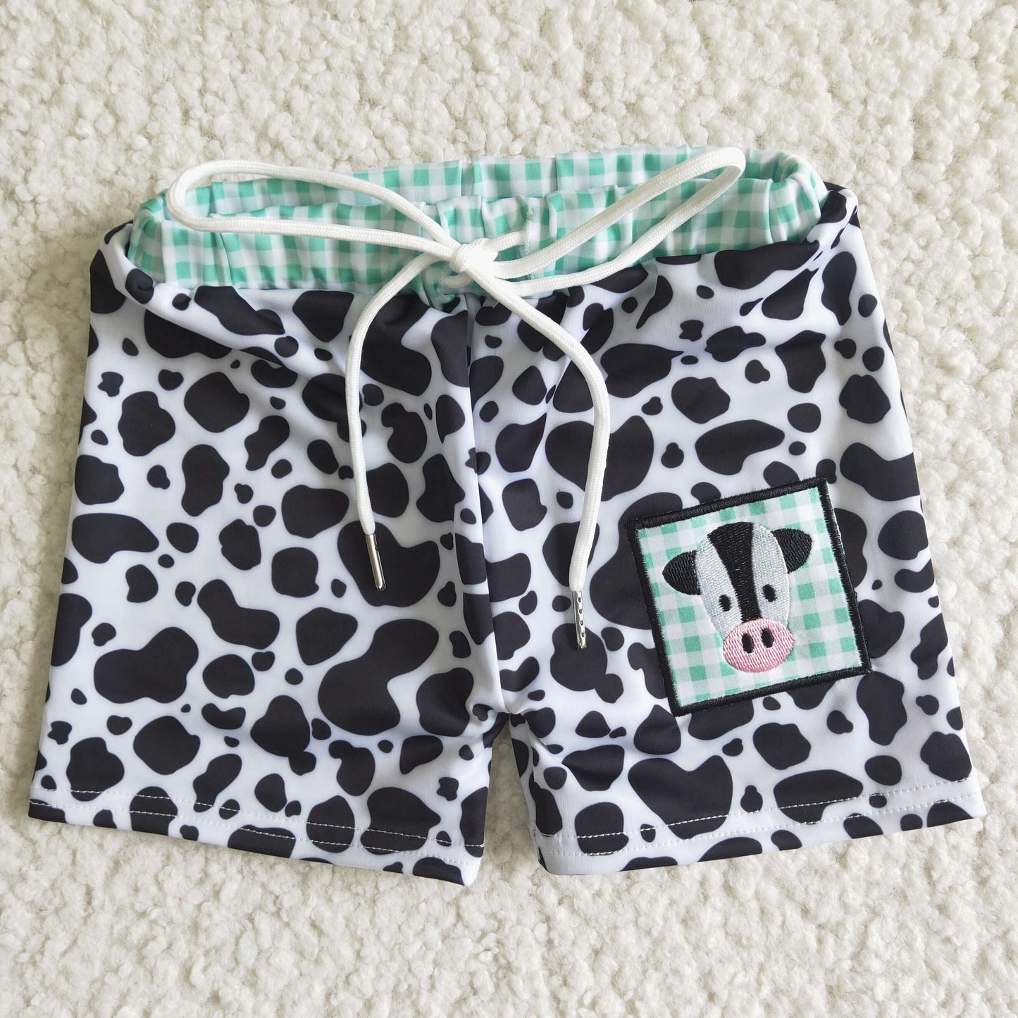 D14-4 Green Cows Print Embroidery Boys Bathing Suits Swimsuits Swimming Trunks