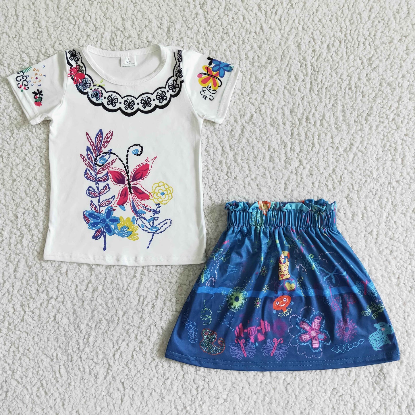 GSD0052 Blue Floral Cartoon Girls Short Sleeve With Skirt Dress Outfits