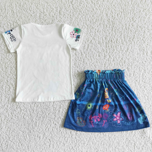 GSD0052 Blue Floral Cartoon Girls Short Sleeve With Skirt Dress Outfits