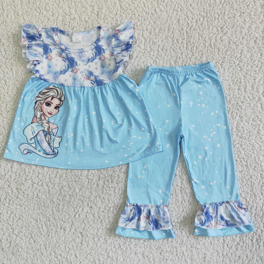 GSPO0056 Blue Princess Cartoon Girls Flutter Sleeve Pants Outfits