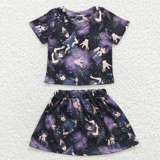 GSD0320 Purple Cartoon Girls Short Sleeve With Skirt Dresses Outfits