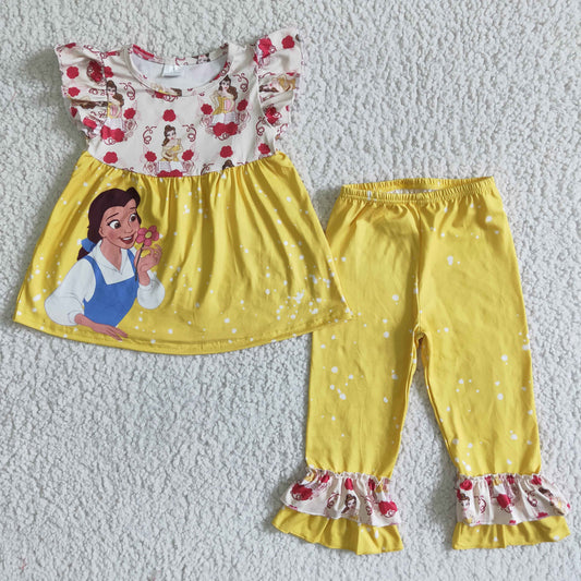 GSPO0057 Yellow Princess Cartoon Girls Flutter Sleeve Pants Outfits