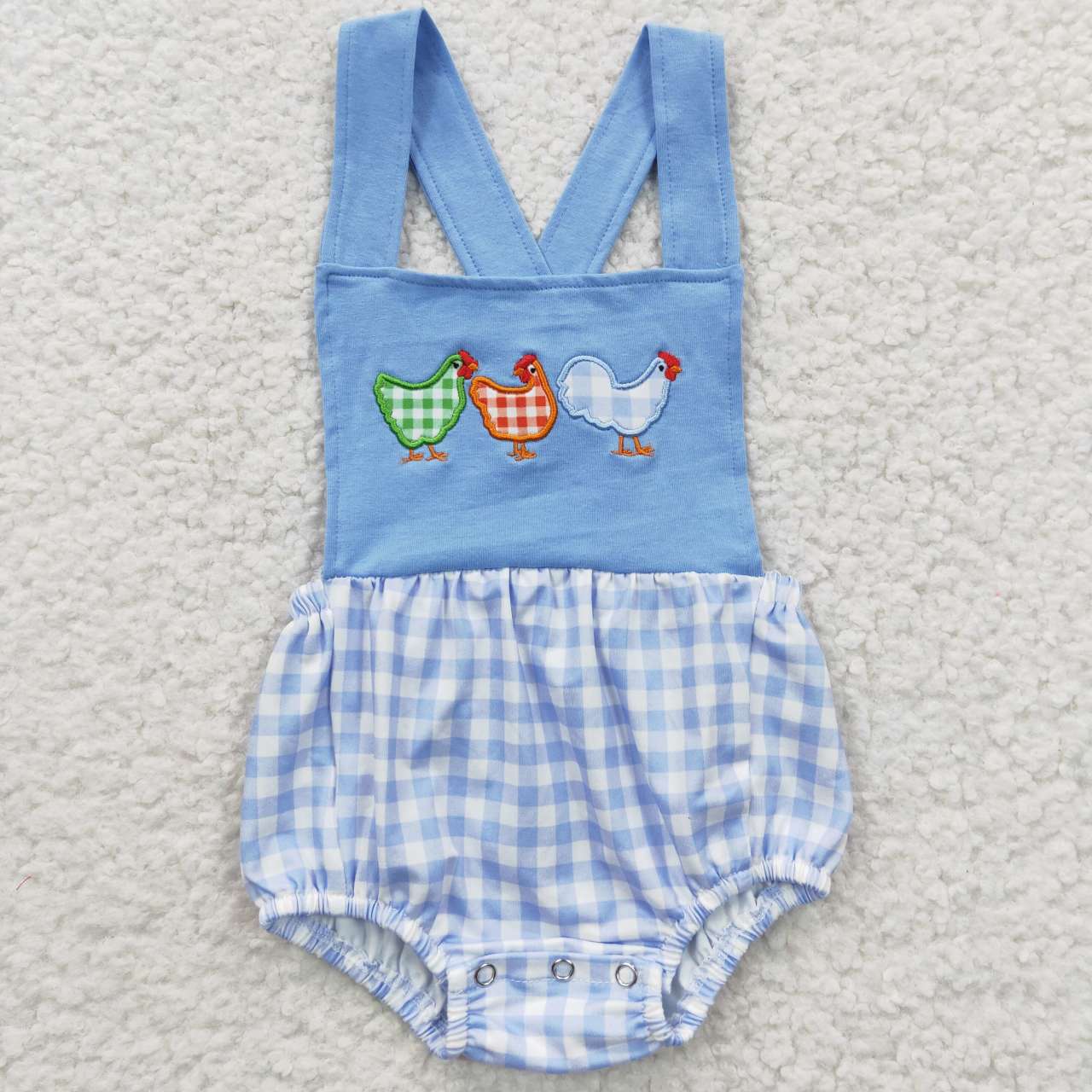 SR0286 Blue Chicken Embroidery Boys Short Sleeve Romper