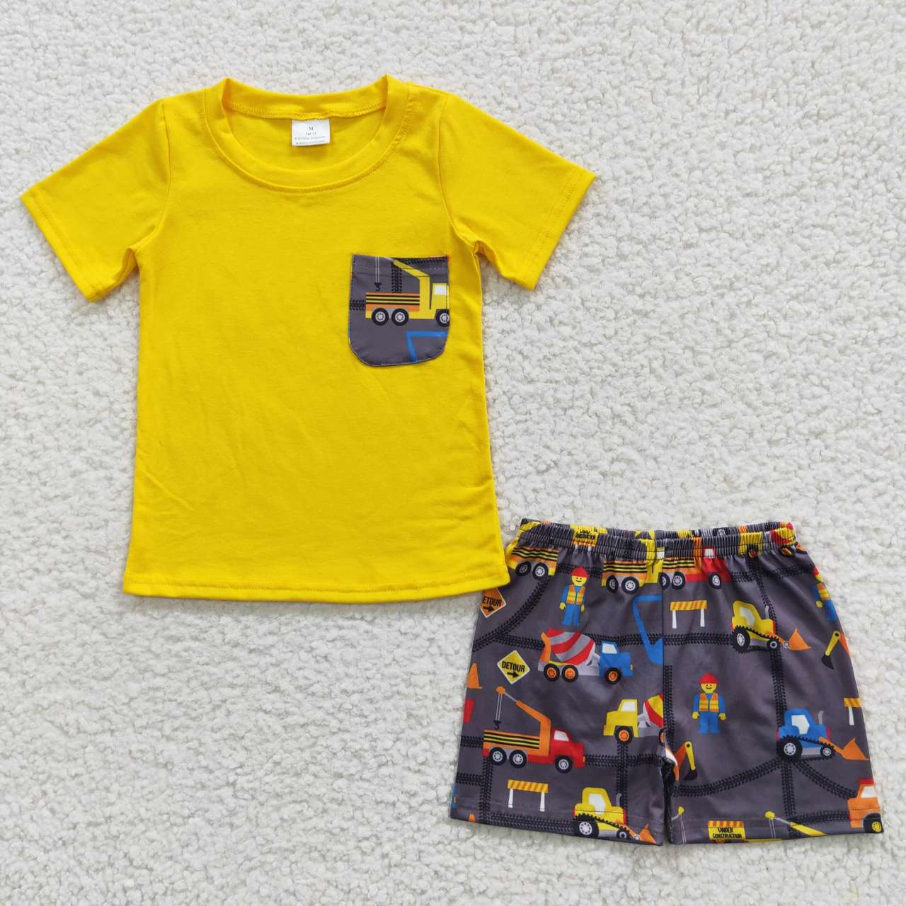 BSSO0231 Yellow Truck Built Pocket Boys Short Sleeve Shorts Outfits