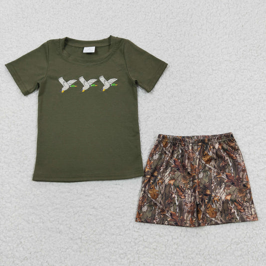 BSSO0238  Duck Green Camo Brown Embroidery Boys Short Sleeve Shorts Outfits