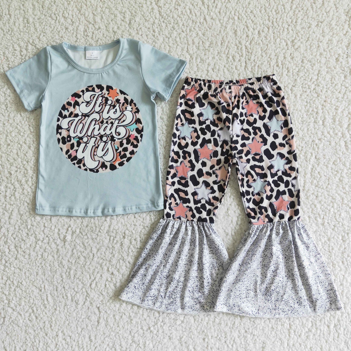 GSPO0002 Leopard Starts Blue Letter Girls Short Sleeve Pants Outfits