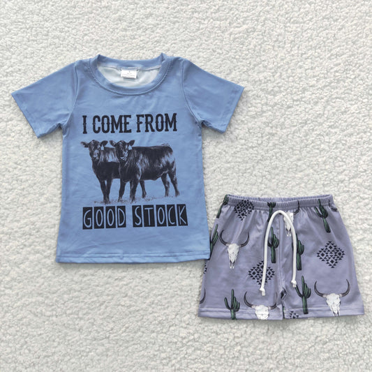 BSSO0240 Blue Cow I Come From Good Stock Boys Short Sleeve Shorts Outfits