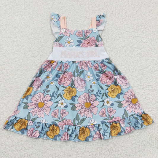 GSD0315 Mama's Girl Blue Pink Floral Embroidery Girls Short Sleeve Dresses