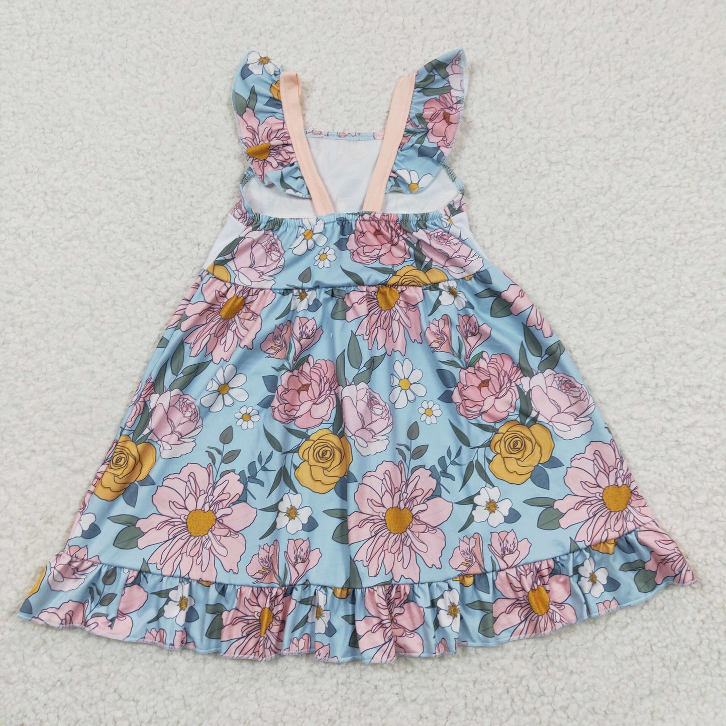 GSD0315 Mama's Girl Blue Pink Floral Embroidery Girls Short Sleeve Dresses