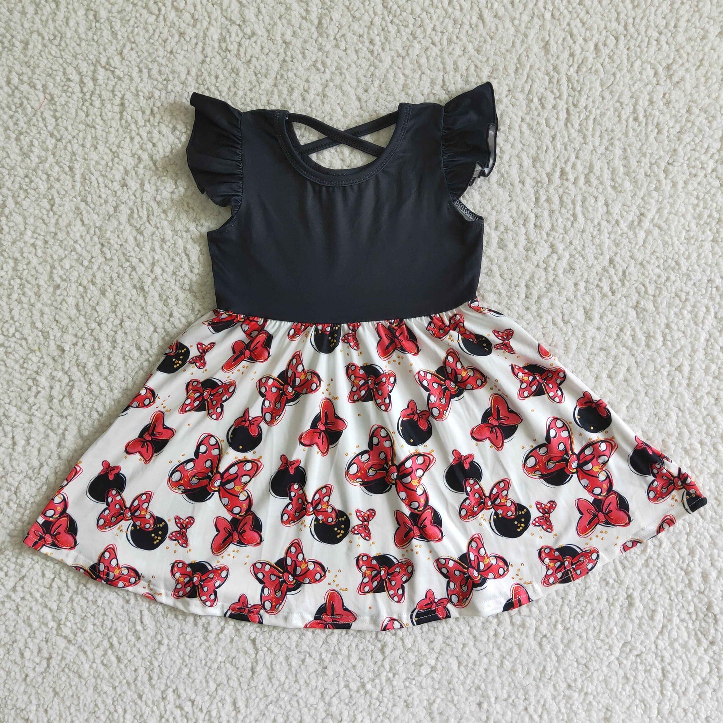 GSD0053 Red Black Cartoon Girls Flutter Sleeve Dresses