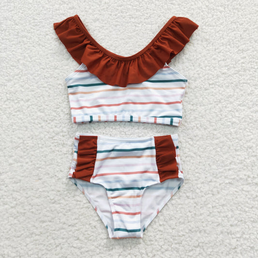 S0082 Brown Yellow Stripes Girls Swimming Bathing Suits Swimsuits