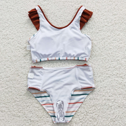 S0082 Brown Yellow Stripes Girls Swimming Bathing Suits Swimsuits