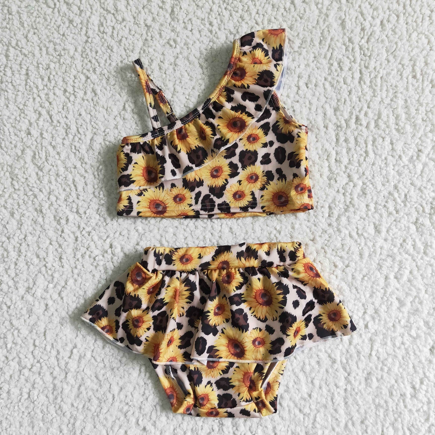 S0019 Yellow Sunflower Leopard Girls Swimming Bathing Suits Swimsuits