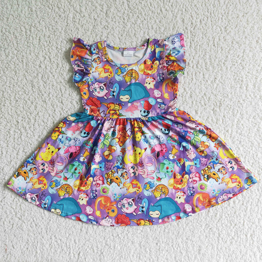 Clearance B10-10 Blue Cartoon Girls Flutter Sleeve Dresses