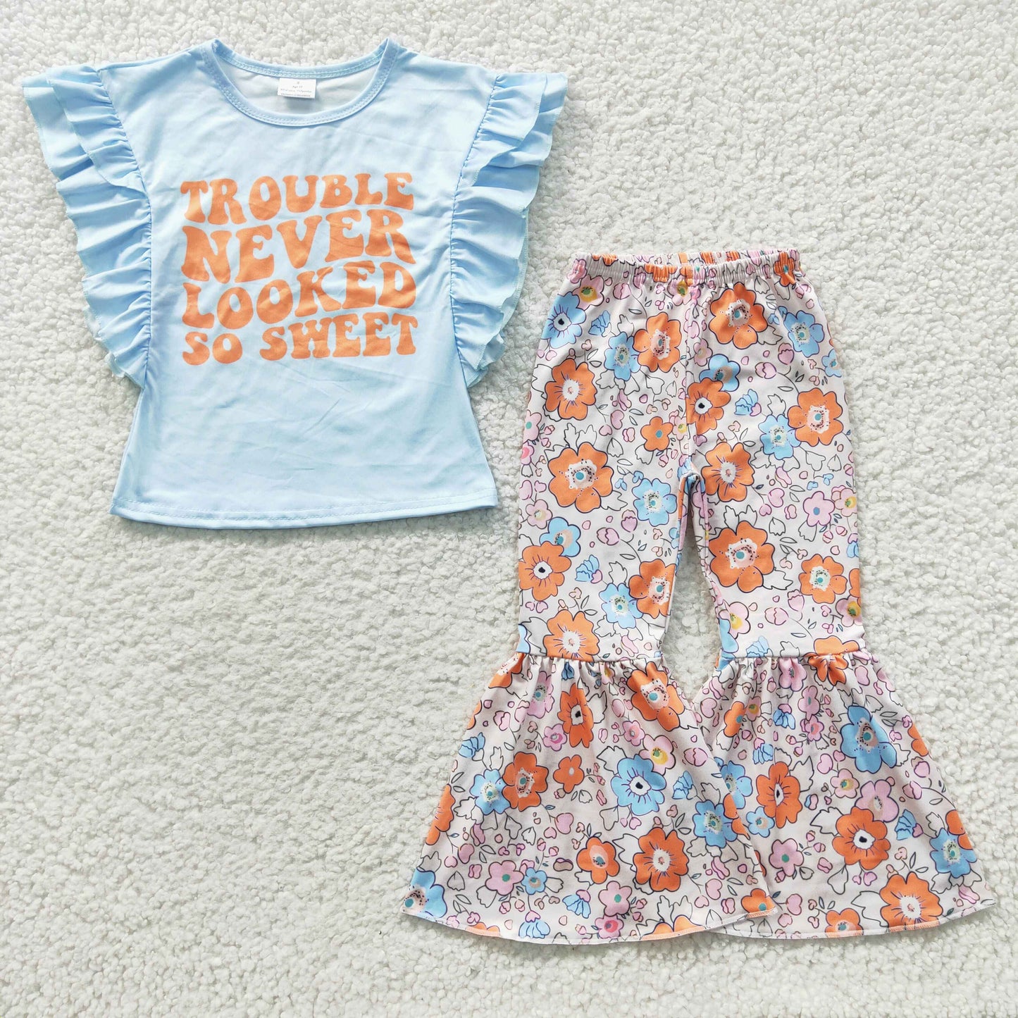 GSPO0539 Blue Floral Trouble Never Looked So Sweet Girls Short Sleeve Bell Bottom Pants Outfits